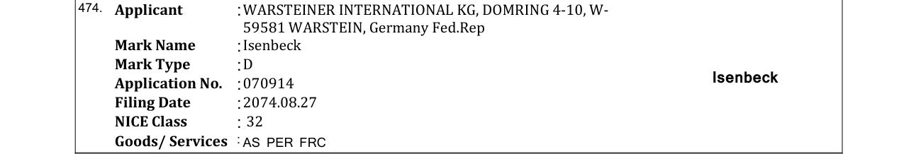 Original bulletin entry for Isenbeck