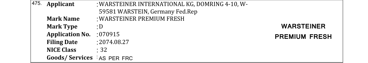 Original bulletin entry for WARSTEINER PREMIUM FRESH