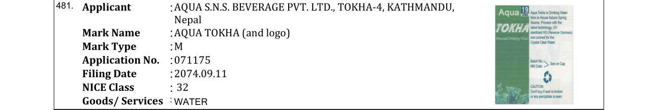Original bulletin entry for AQUA TOKHA (and logo)