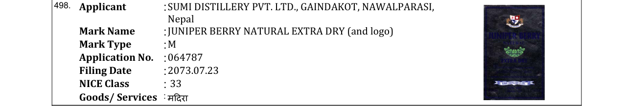 Original bulletin entry for JUNIPER BERRY NATURAL EXTRA DRY (and logo)