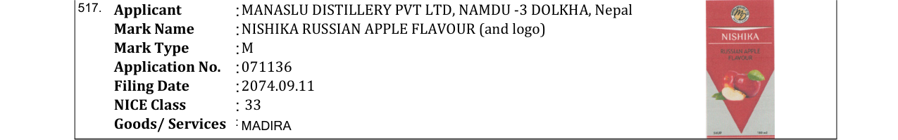 Original bulletin entry for NISHIKA RUSSIAN APPLE FLAVOUR (and logo)