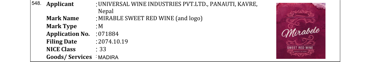 Original bulletin entry for MIRABLE SWEET RED WINE (and logo)
