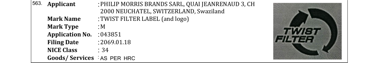 Original bulletin entry for TWIST FILTER LABEL (and logo)