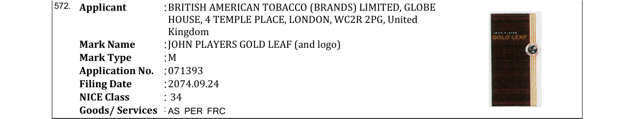 Original bulletin entry for JOHN PLAYERS GOLD LEAF (and logo)