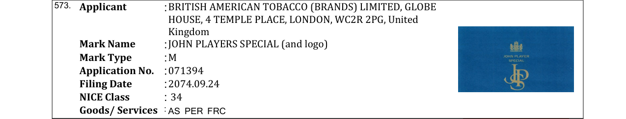 Original bulletin entry for JOHN PLAYERS SPECIAL (and logo)