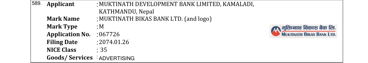 Original bulletin entry for MUKTINATH BIKAS BANK LTD. (and logo)