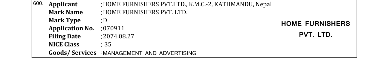 Original bulletin entry for HOME FURNISHERS PVT. LTD.