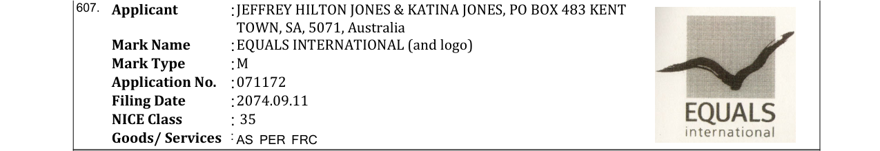 Original bulletin entry for EQUALS INTERNATIONAL (and logo)