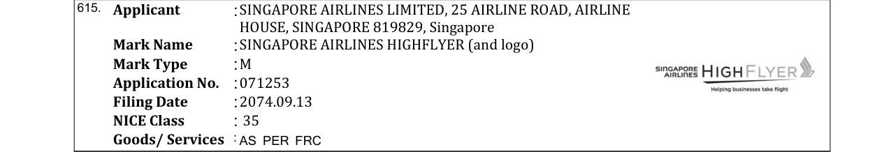 Original bulletin entry for SINGAPORE AIRLINES HIGHFLYER (and logo)