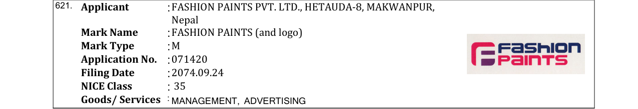 Original bulletin entry for FASHION PAINTS (and logo)