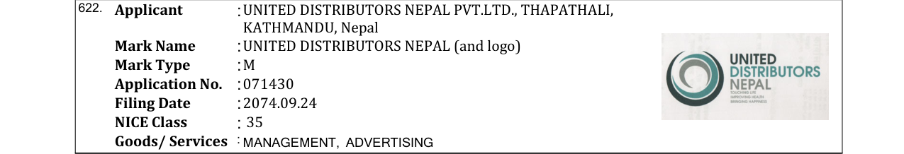 Original bulletin entry for UNITED DISTRIBUTORS NEPAL (and logo)
