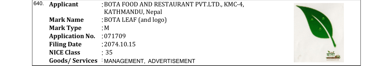 Original bulletin entry for BOTA LEAF (and logo)