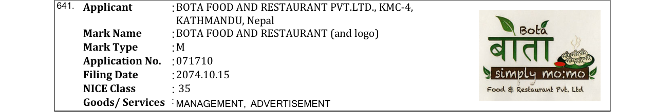 Original bulletin entry for BOTA FOOD AND RESTAURANT (and logo)