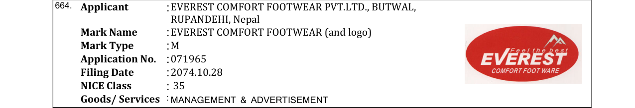 Original bulletin entry for EVEREST COMFORT FOOTWEAR (and logo)