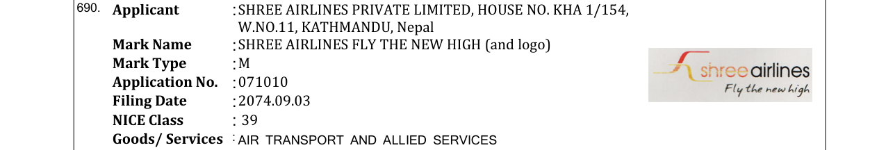 Original bulletin entry for SHREE AIRLINES FLY THE NEW HIGH (and logo)
