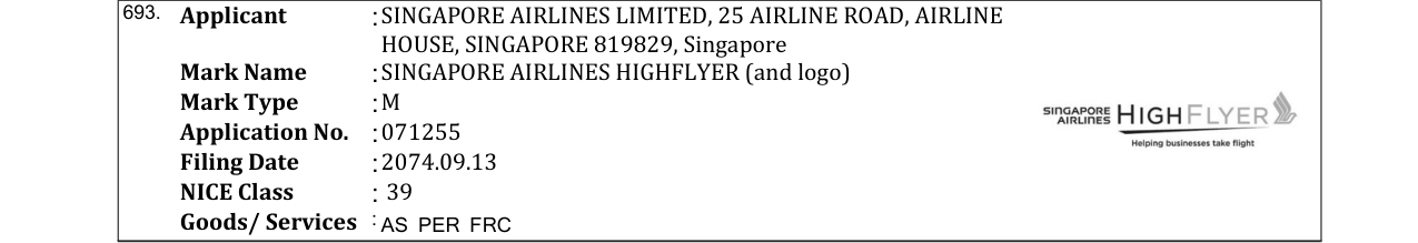 Original bulletin entry for SINGAPORE AIRLINES HIGHFLYER (and logo)