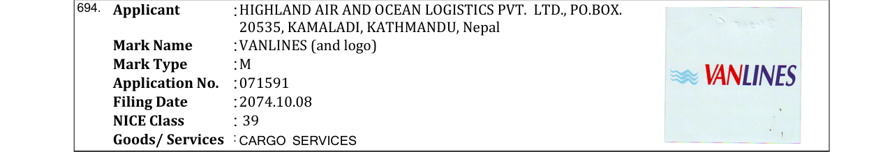 Original bulletin entry for VANLINES (and logo)