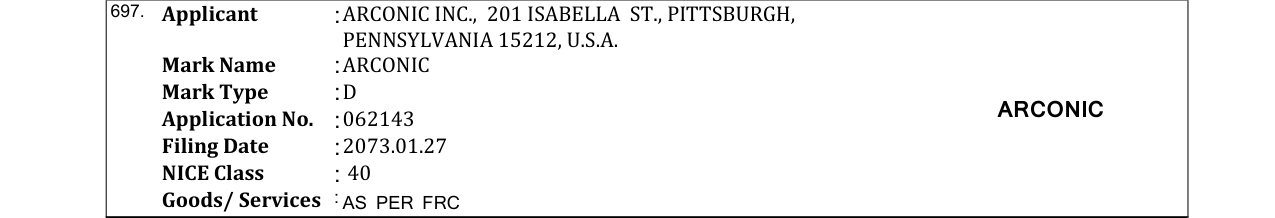 Original bulletin entry for ARCONIC