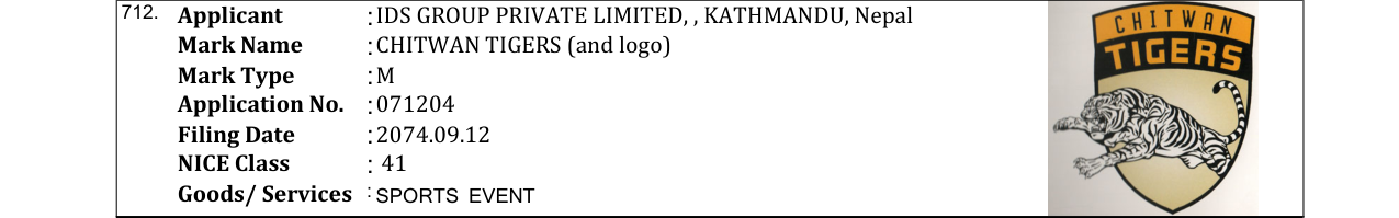 Original bulletin entry for CHITWAN TIGERS (and logo)