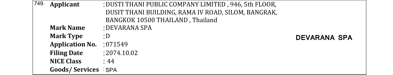 Original bulletin entry for DEVARANA SPA