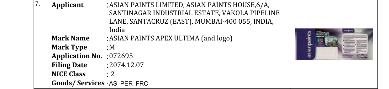 Original bulletin entry for ASIAN PAINTS APEX ULTIMA (and logo)