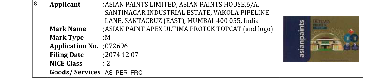 Original bulletin entry for ASIAN PAINT APEX ULTIMA PROTCK TOPCAT (and logo)