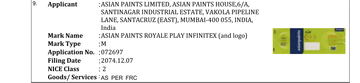 Original bulletin entry for ASIAN PAINTS ROYALE PLAY INFINITEX (and logo)