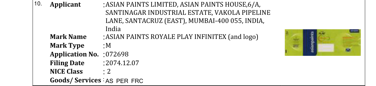 Original bulletin entry for ASIAN PAINTS ROYALE PLAY INFINITEX (and logo)