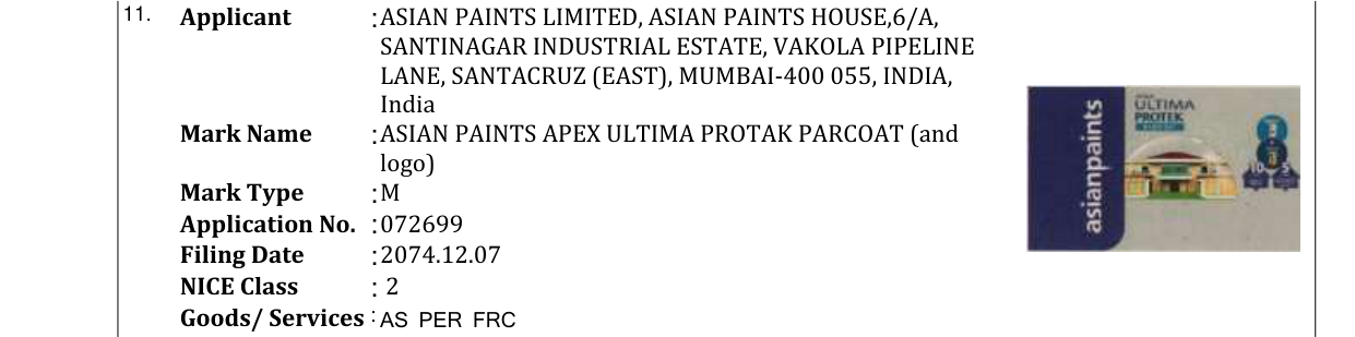 Original bulletin entry for ASIAN PAINTS APEX ULTIMA PROTAK PARCOAT (and logo)