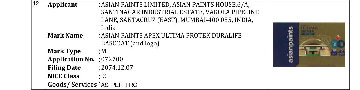 Original bulletin entry for ASIAN PAINTS APEX ULTIMA PROTEK DURALIFE BASCOAT (and logo)
