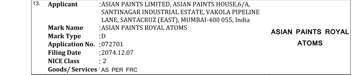 Original bulletin entry for ASIAN PAINTS ROYAL ATOMS ASIAN PAINTS ROYAL