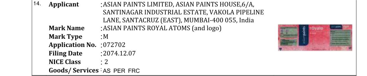 Original bulletin entry for ASIAN PAINTS ROYAL ATOMS (and logo)