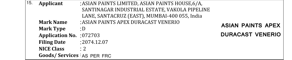Original bulletin entry for ASIAN PAINTS APEX DURACAST VENERIO ASIAN PAINTS APEX