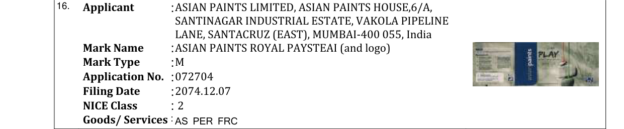 Original bulletin entry for ASIAN PAINTS ROYAL PAYSTEAI (and logo)