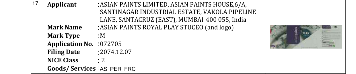 Original bulletin entry for ASIAN PAINTS ROYAL PLAY STUCEO (and logo)