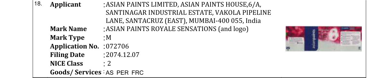 Original bulletin entry for ASIAN PAINTS ROYALE SENSATIONS (and logo)