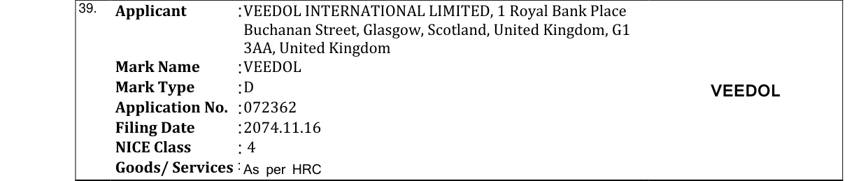 Original bulletin entry for VEEDOL