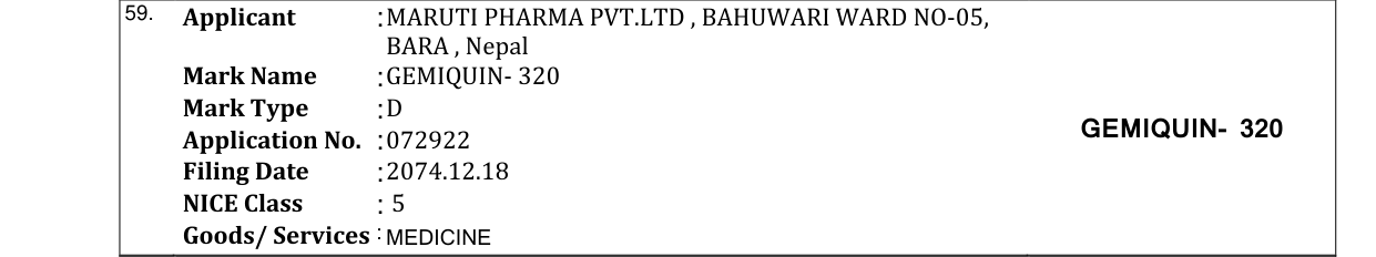 Original bulletin entry for GEMIQUIN- 320