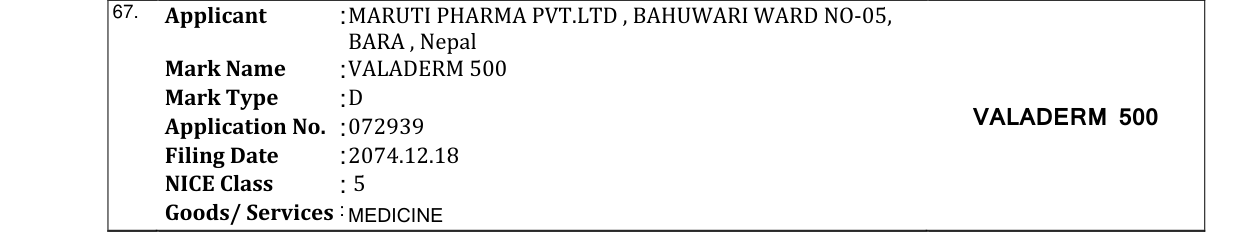 Original bulletin entry for VALADERM 500