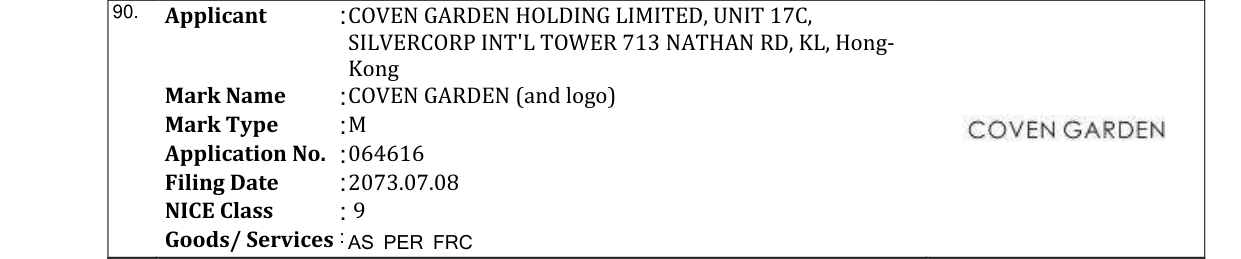 Original bulletin entry for COVEN GARDEN (and logo)