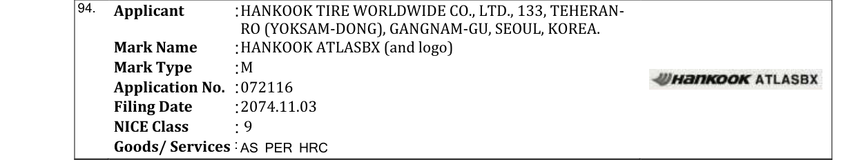 Original bulletin entry for HANKOOK ATLASBX (and logo)