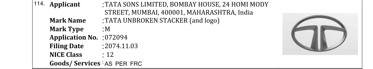 Original bulletin entry for TATA UNBROKEN STACKER (and logo)