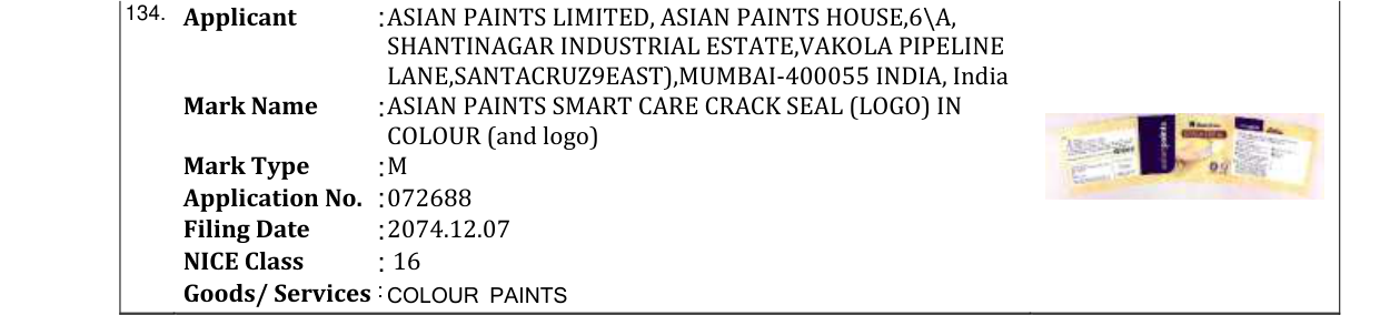 Original bulletin entry for ASIAN PAINTS SMART CARE CRACK SEAL (LOGO) IN COLOUR (and logo)