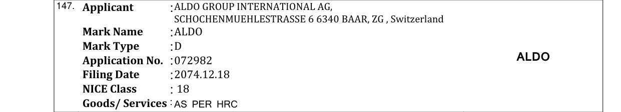 Original bulletin entry for ALDO
