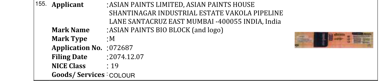 Original bulletin entry for ASIAN PAINTS BIO BLOCK (and logo)