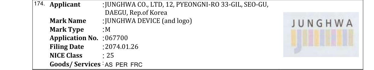 Original bulletin entry for JUNGHWA DEVICE (and logo)