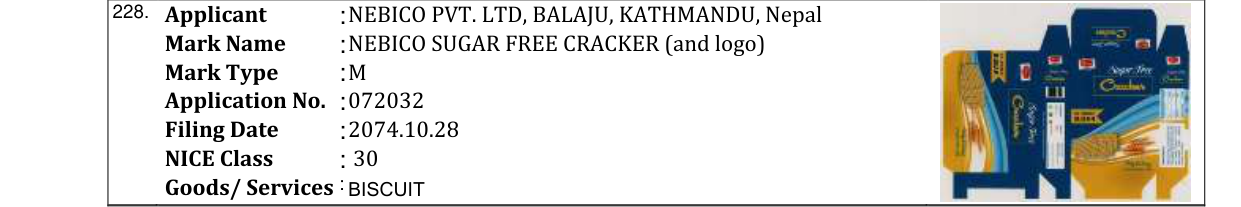 Original bulletin entry for NEBICO SUGAR FREE CRACKER (and logo)