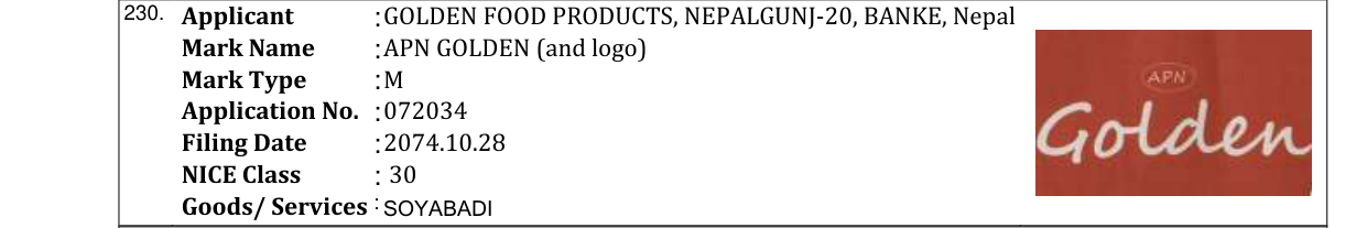 Original bulletin entry for APN GOLDEN (and logo)