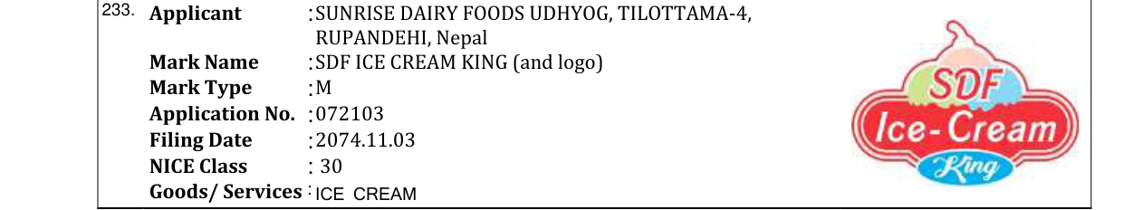 Original bulletin entry for SDF ICE CREAM KING (and logo)