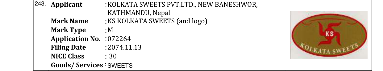 Original bulletin entry for KS KOLKATA SWEETS (and logo)